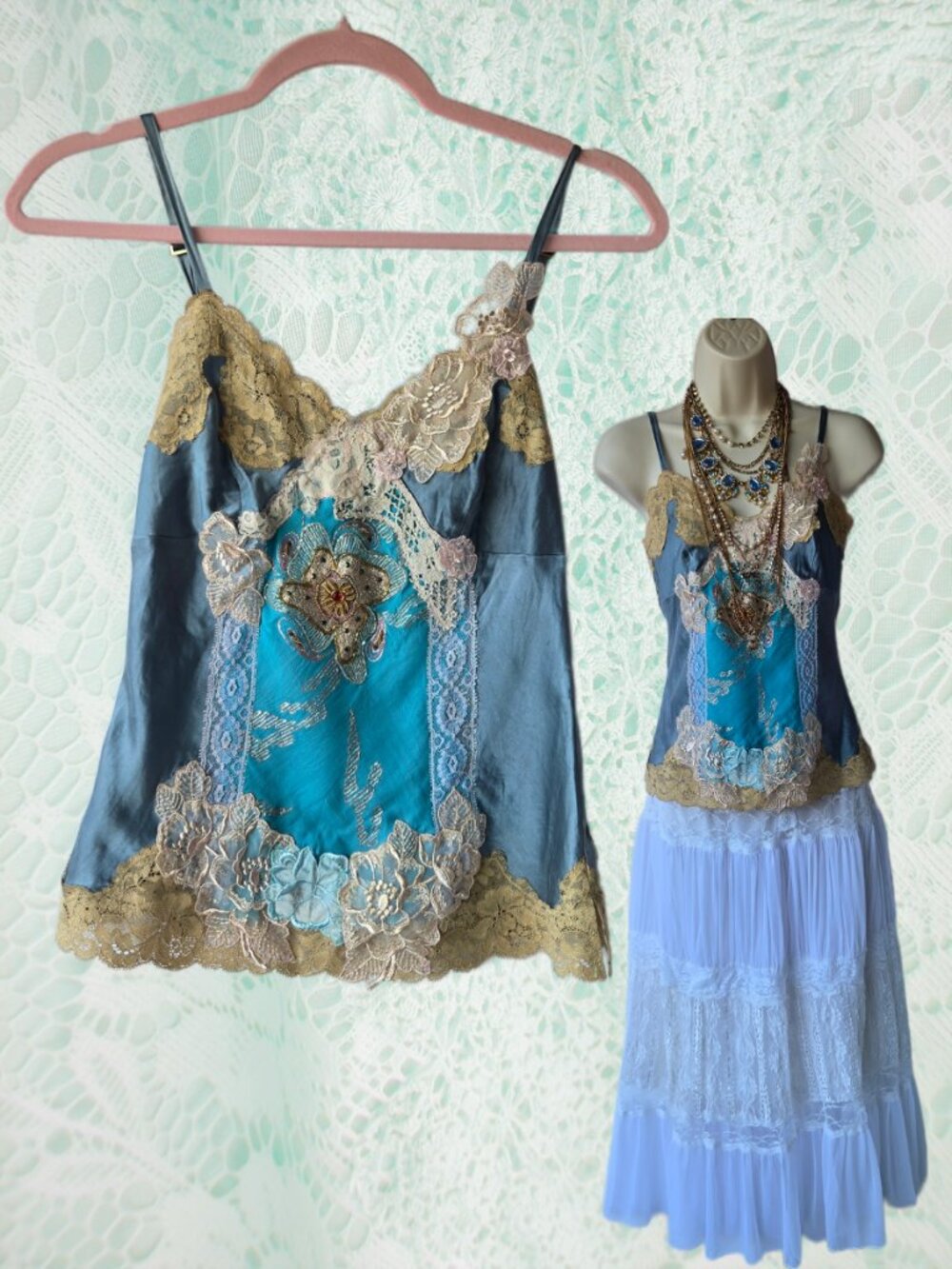 Handmade Ocean Blue Baby Doll Cami Top Vtg Lace Embroidery Indie Mermaid S-XS